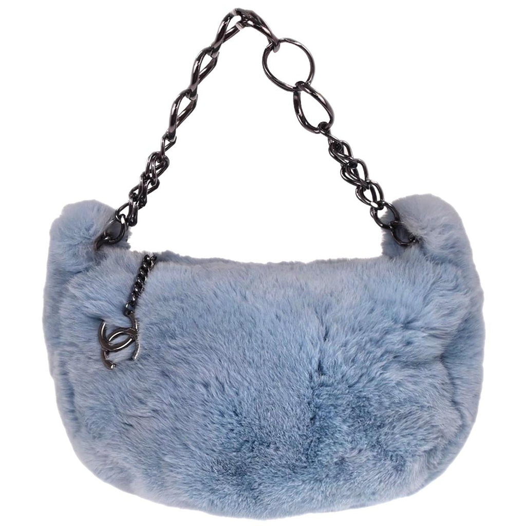 Chanel Chain Hobo Lapin Fur Blue Fur Handbag