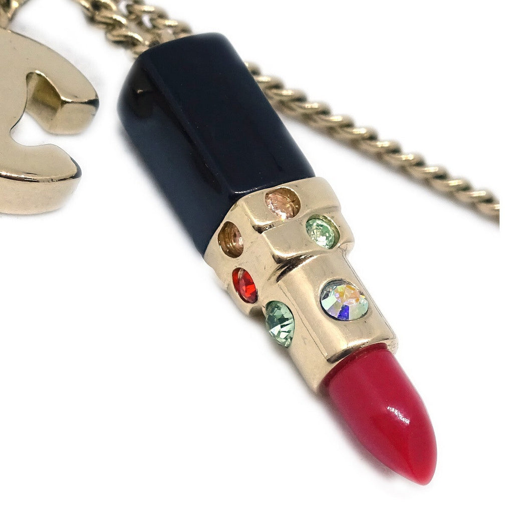 Chanel Cc Lipstick Charm Pendant Necklace Metal With Resin And Crystals Gold Metal Necklace Jewelry