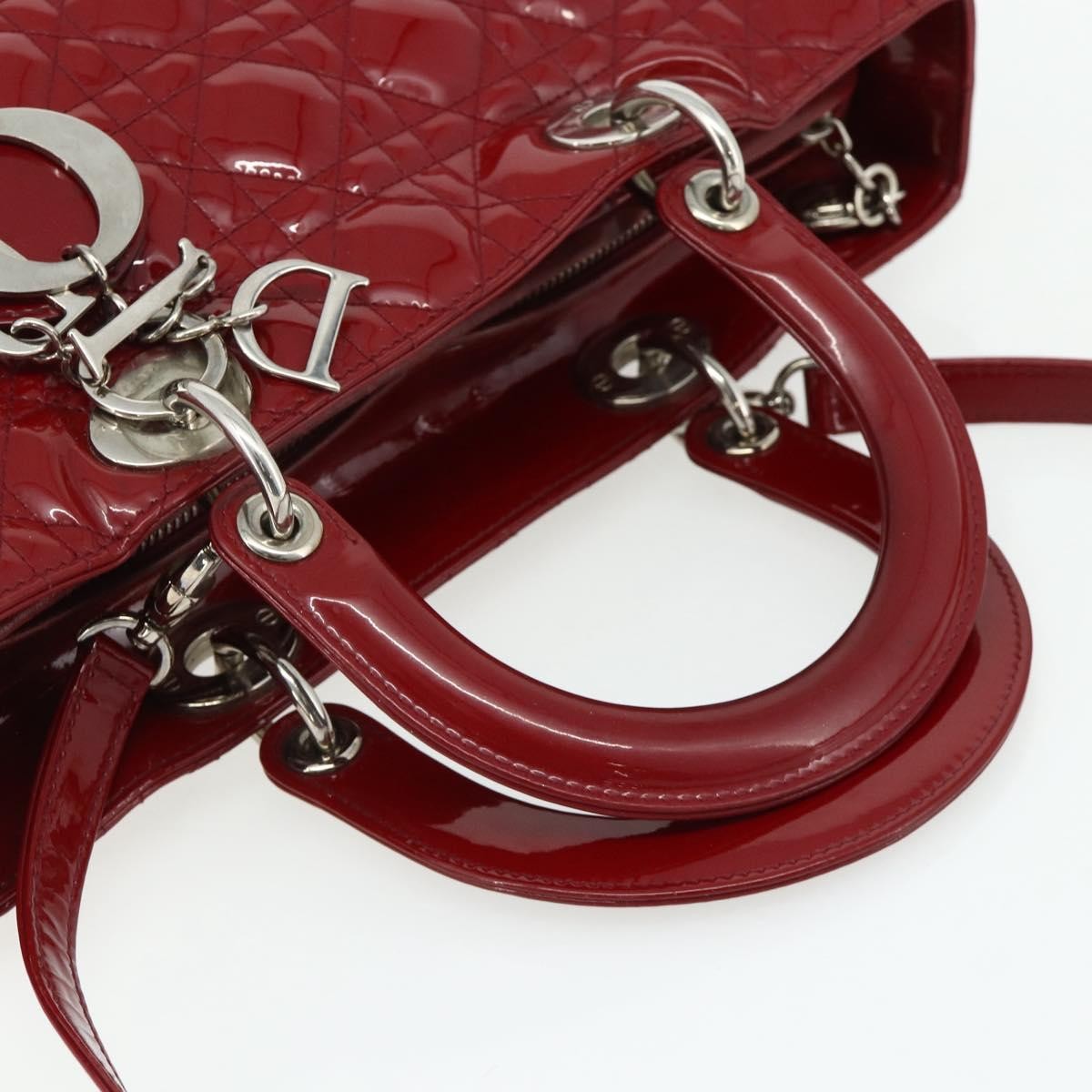 Christian Dior Lady Dior Bag Cannage Quilt Patent Red Patent_Leather Handbag (Pre-Owned)