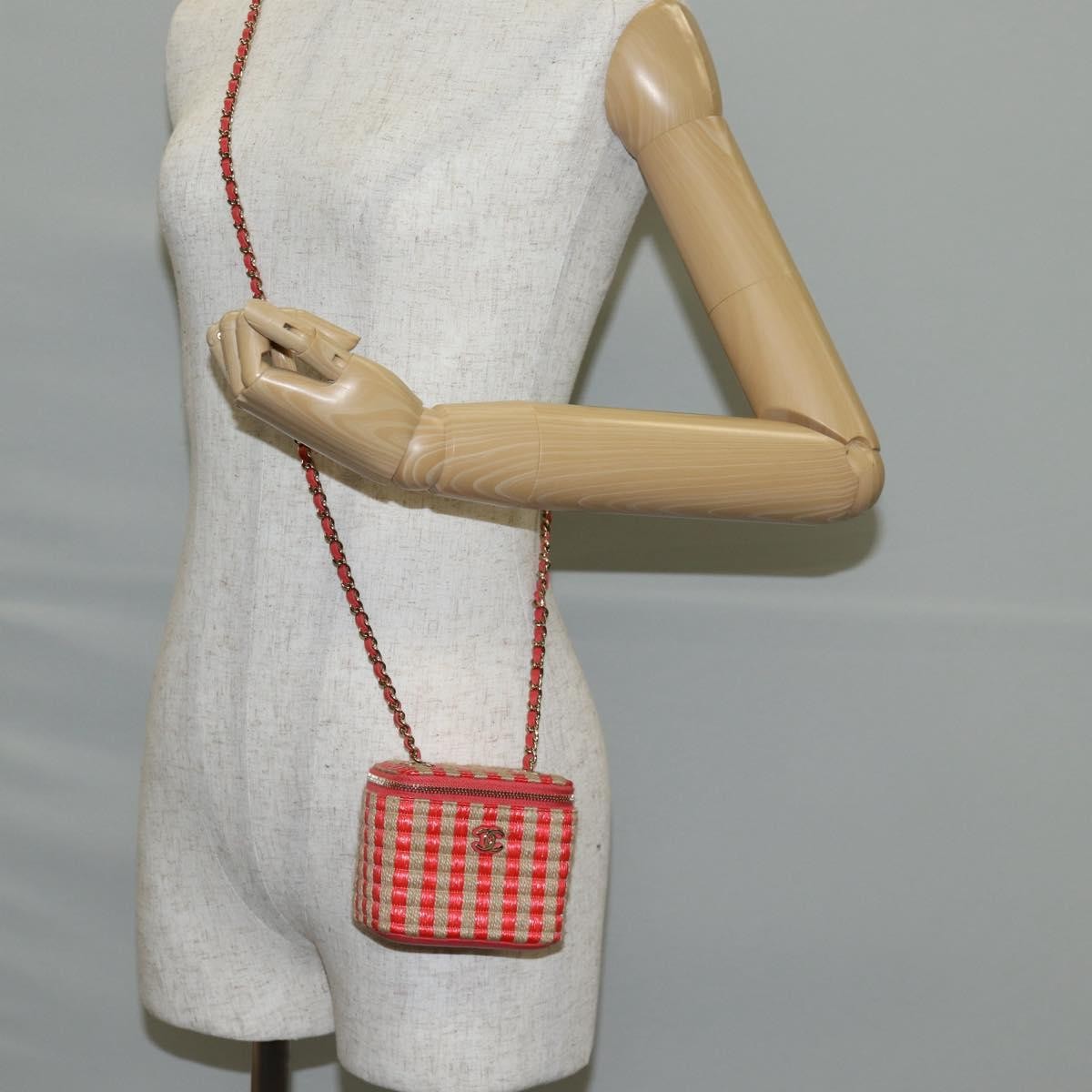 Chanel Classic Vanity Case With Chain Striped Raffia And Jute Red Canvas Shoulder Bag Bag