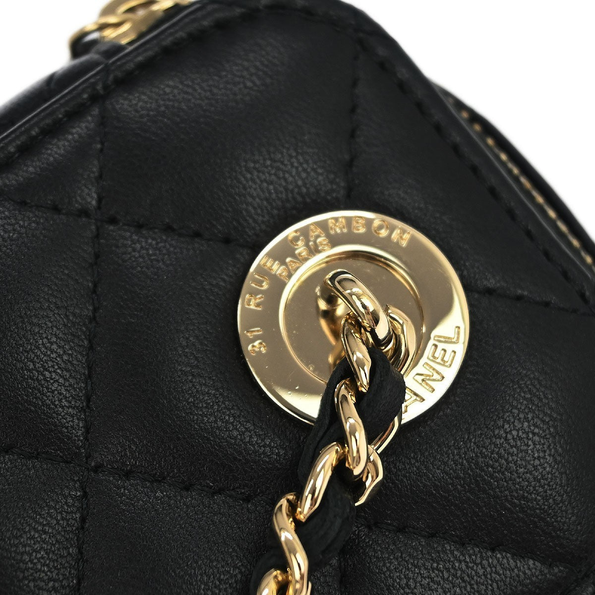 Chanel Vanity Case With Pearl Chain Quilted Lambskin Black Leather Shoulder Bag Bag