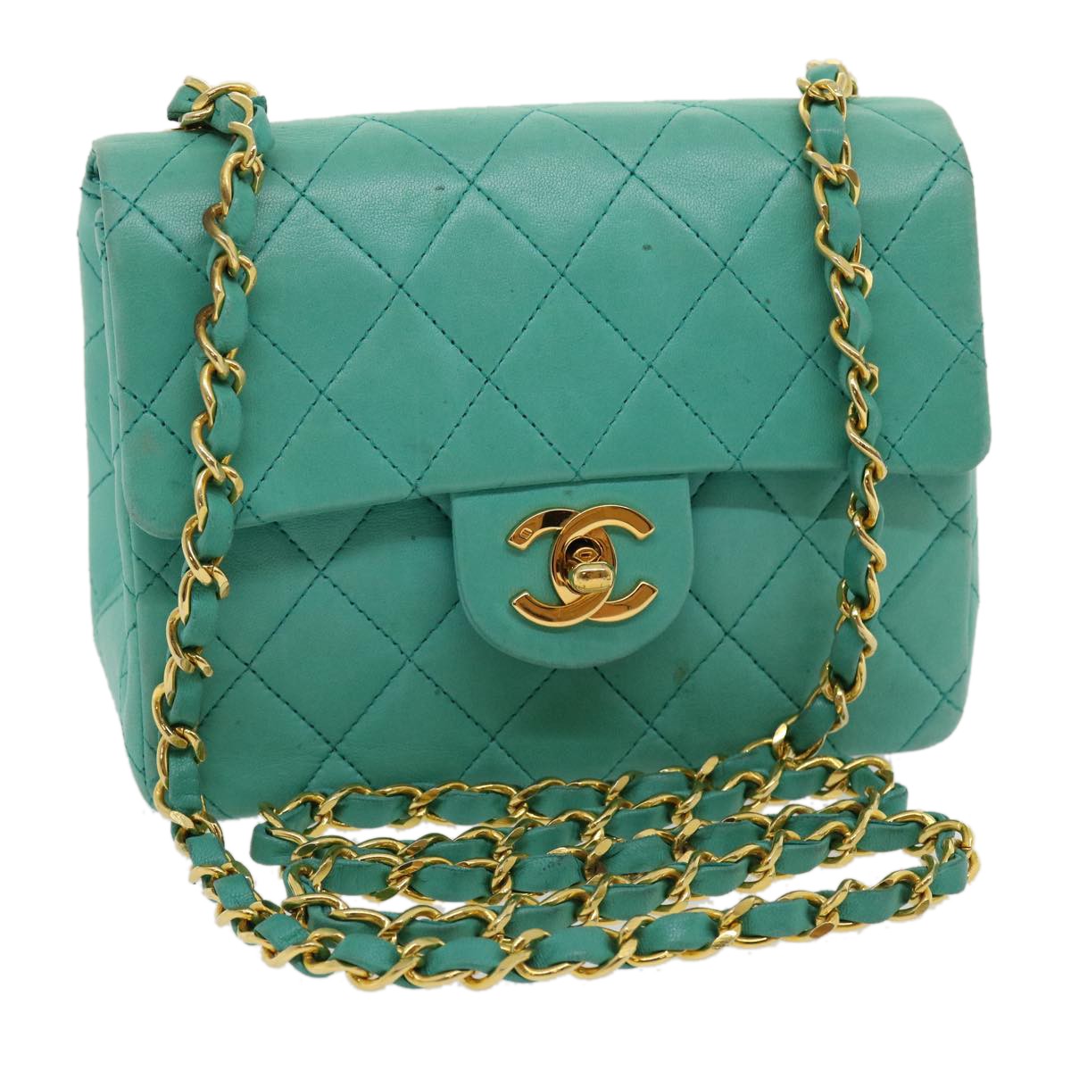 Chanel Square Classic Single Flap Bag Quilted Lambskin Blue Leather Handbag