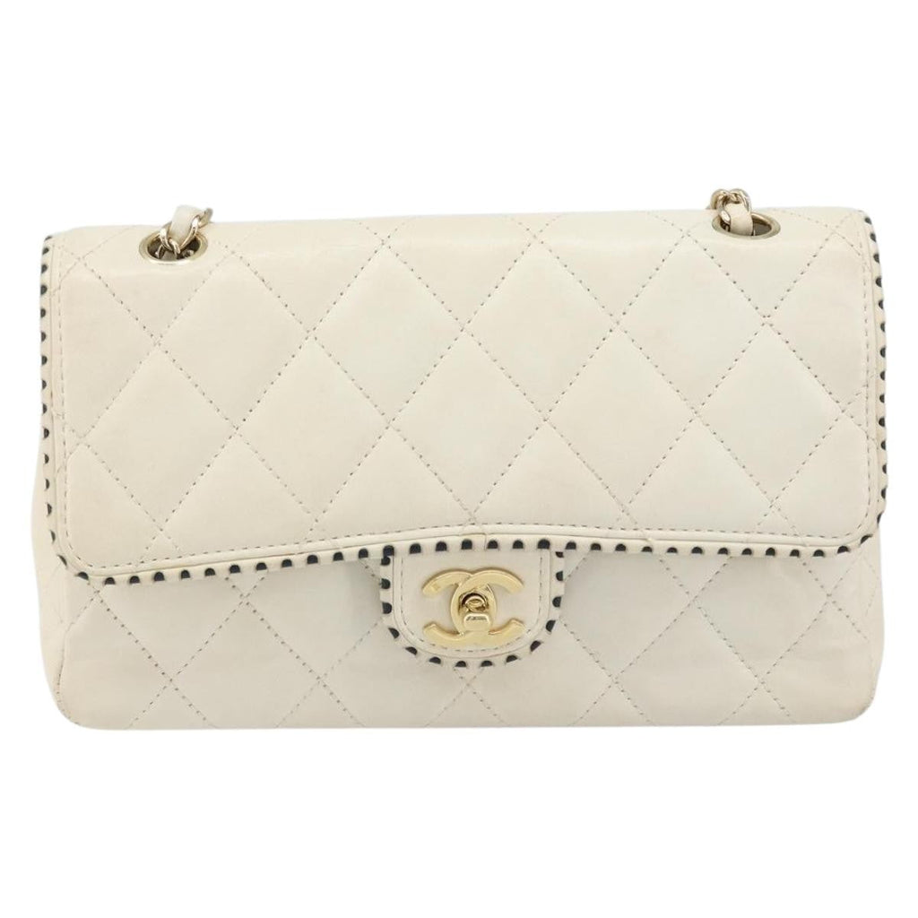 Chanel Vintage Punched Edge Classic Single Flap Bag Quilted Lambskin White Leather Shoulder Bag Bag