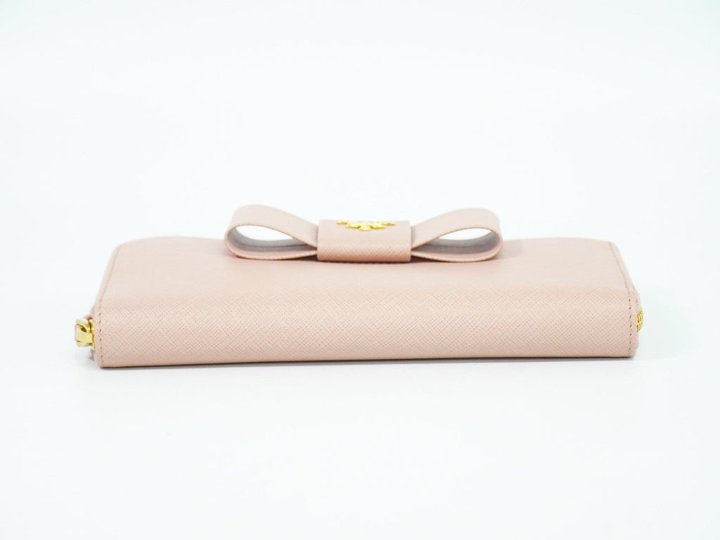 Prada Bow Zip Around Wallet Saffiano Leather Pink Leather Wallets Accessory