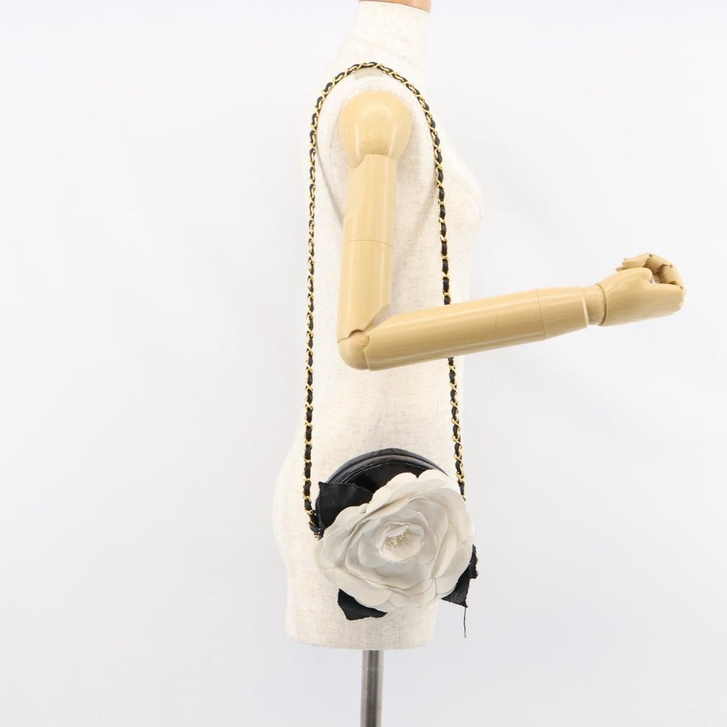 Chanel Vintage Camellia Round Evening Bag Lambskin And Satin Black Patent_Leather Clutche & Pouche Bag