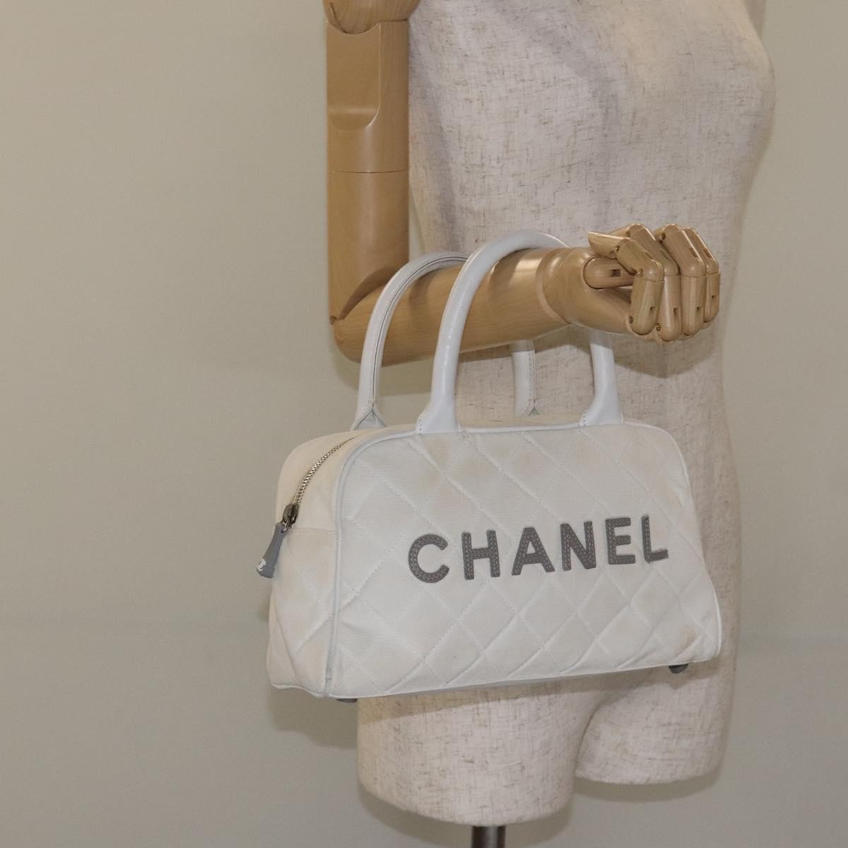 Chanel Vintage Logo Bowler Bag Quilted Canvas White Canvas Handbag