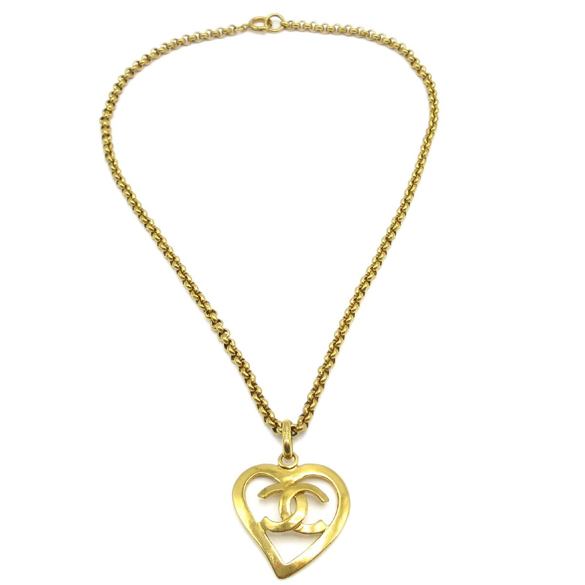 Chanel Cc Heart Pendant Necklace Metal Gold Gold_Plated Necklace Jewelry