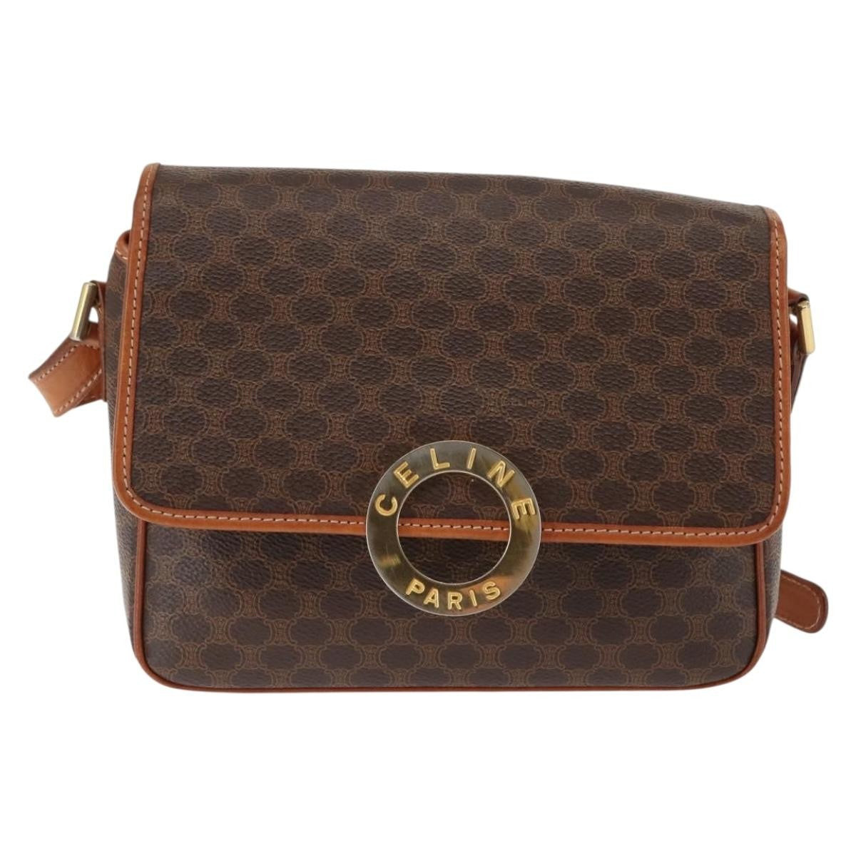Celine Vintage Macadam Circle Logo Shoulder Bag Canvas And Leather Brown Canvas Bag