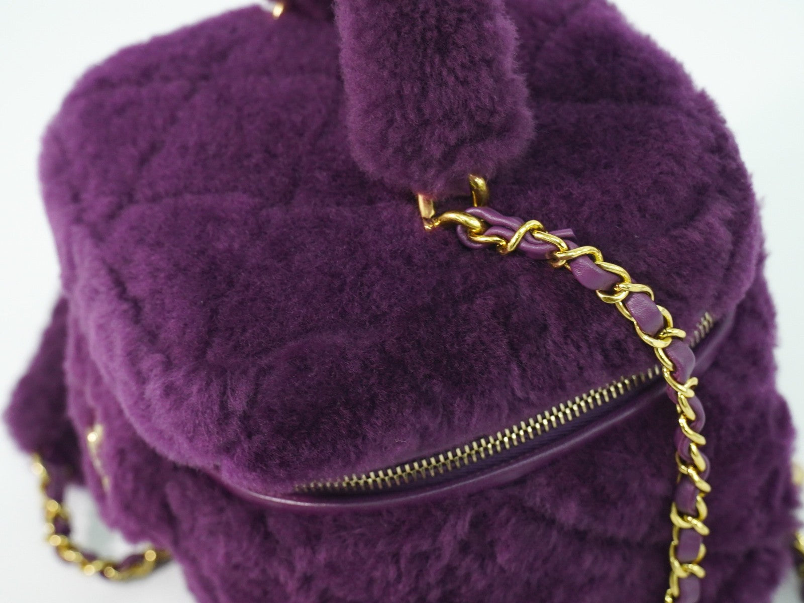 Chanel Coconing Top Handle Vanity Case With Chain Quilted Shearling Purple Faux_Fur Clutche & Pouche Bag