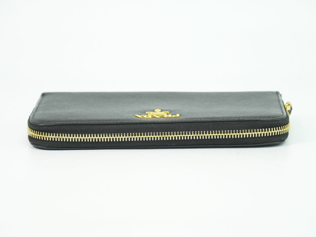 Prada Zip Around Tab Wallet Saffiano Leather Black Leather Wallets Accessory
