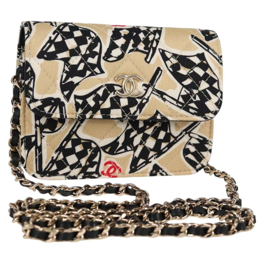 Chanel Flap Card Holder On Chain Quilted Printed Canvas Beige Nylon Shoulder Bag Bag