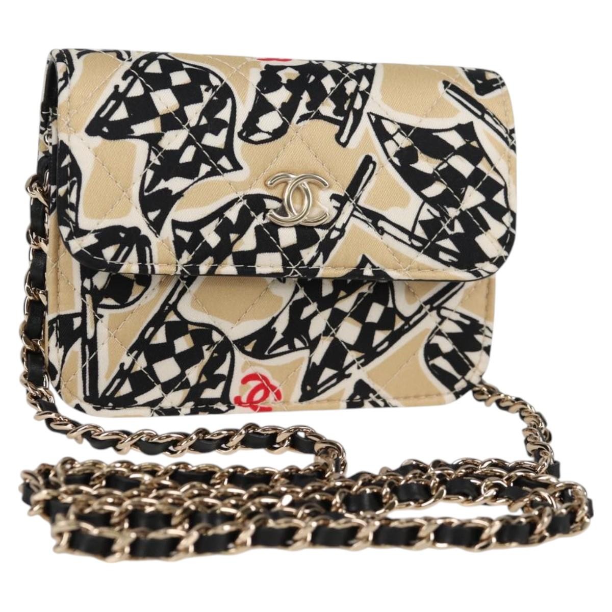 Chanel Flap Card Holder On Chain Quilted Printed Canvas Beige Nylon Shoulder Bag Bag