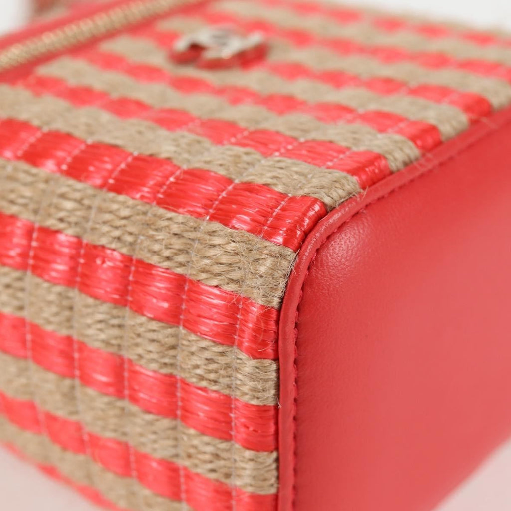 Chanel Classic Vanity Case With Chain Striped Raffia And Jute Red Canvas Shoulder Bag Bag
