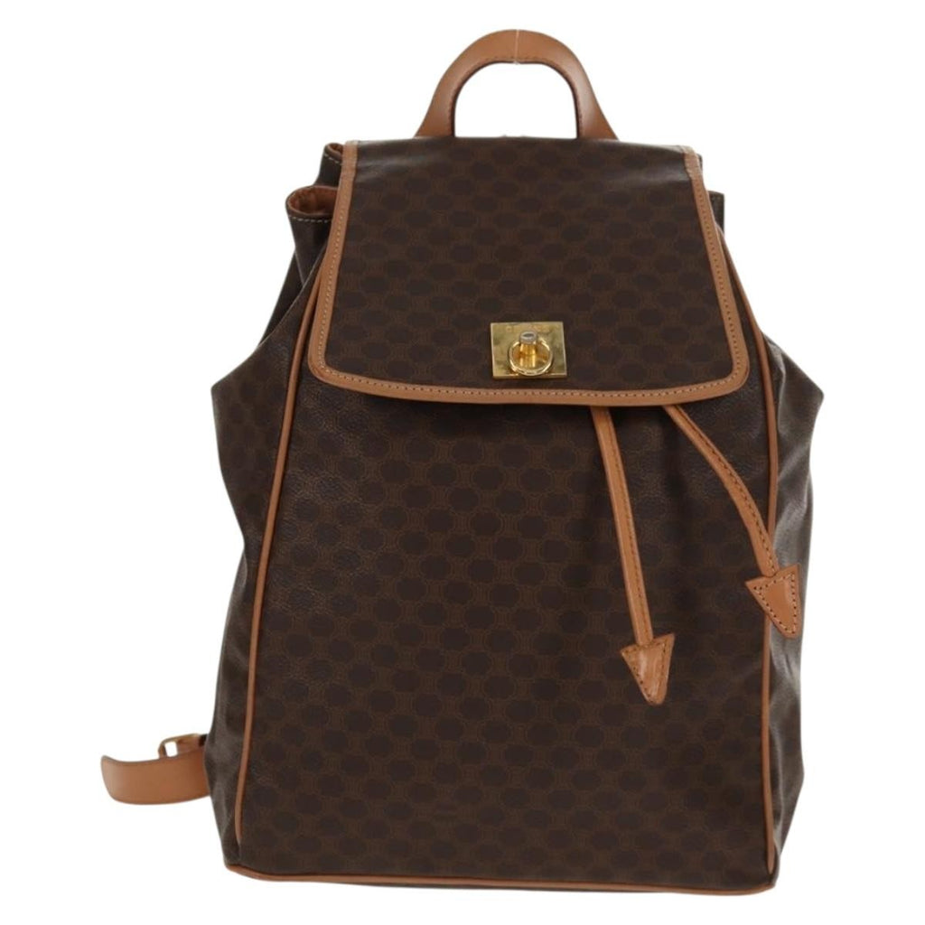 Celine Vintage Drawstring Flap Backpack Macadam Coated Canvas Brown Canvas Backpack Bag