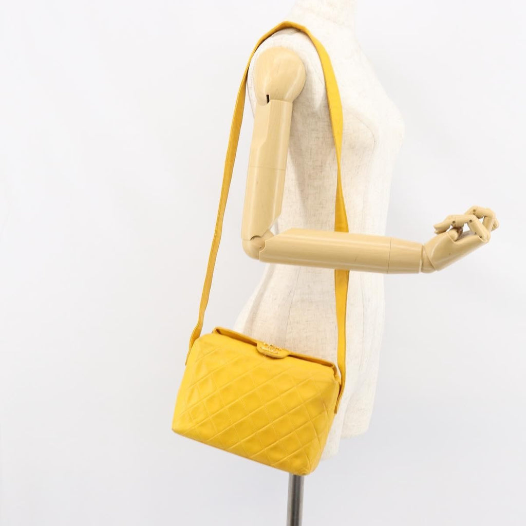 Chanel Vintage Cc Fold Over Shoulder Bag Quilted Lambskin Yellow Leather Shoulder Bag Bag