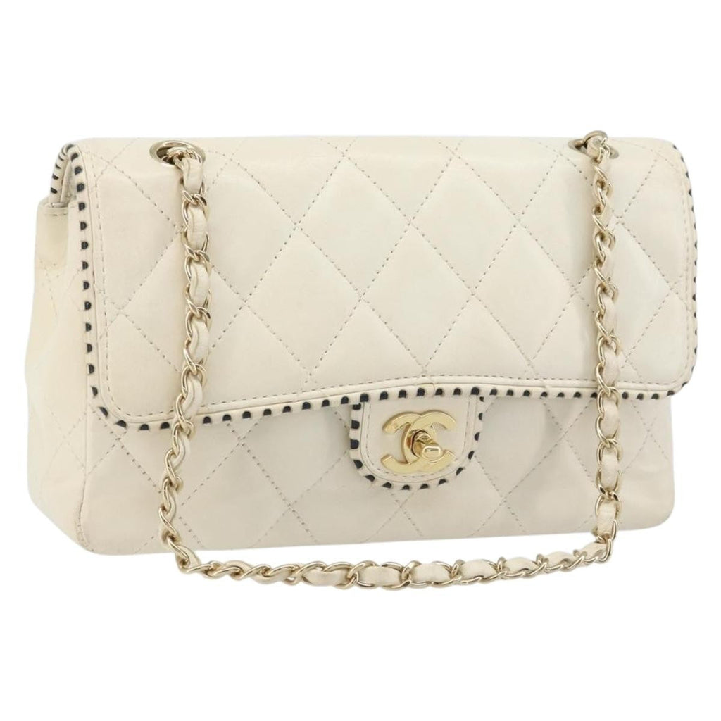 Chanel Vintage Punched Edge Classic Single Flap Bag Quilted Lambskin White Leather Shoulder Bag Bag
