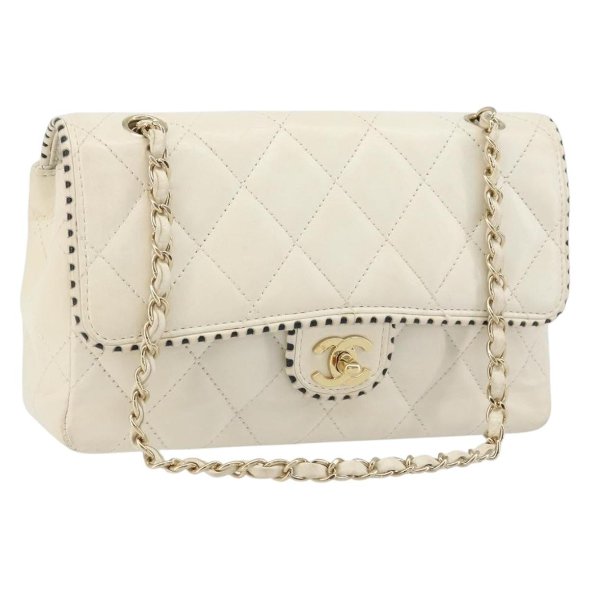 Chanel Vintage Punched Edge Classic Single Flap Bag Quilted Lambskin White Leather Shoulder Bag Bag