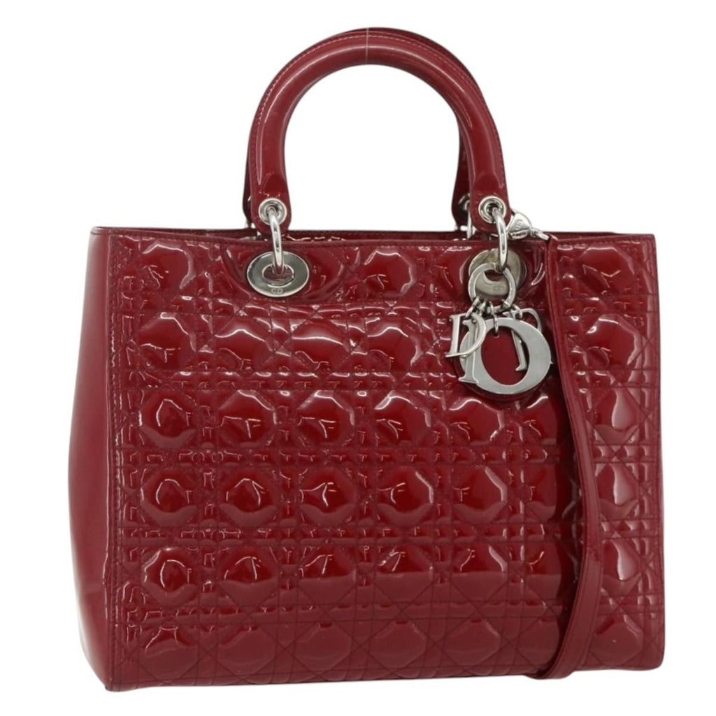Christian Dior Lady Dior Bag Cannage Quilt Patent Red Patent_Leather Handbag (Pre-Owned)