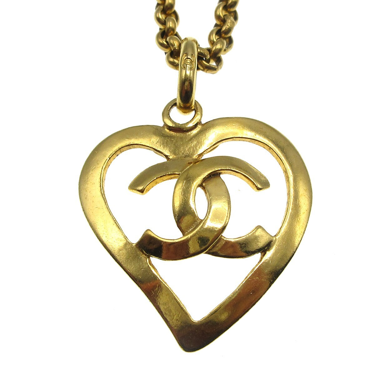 Chanel Cc Heart Pendant Necklace Metal Gold Gold_Plated Necklace Jewelry