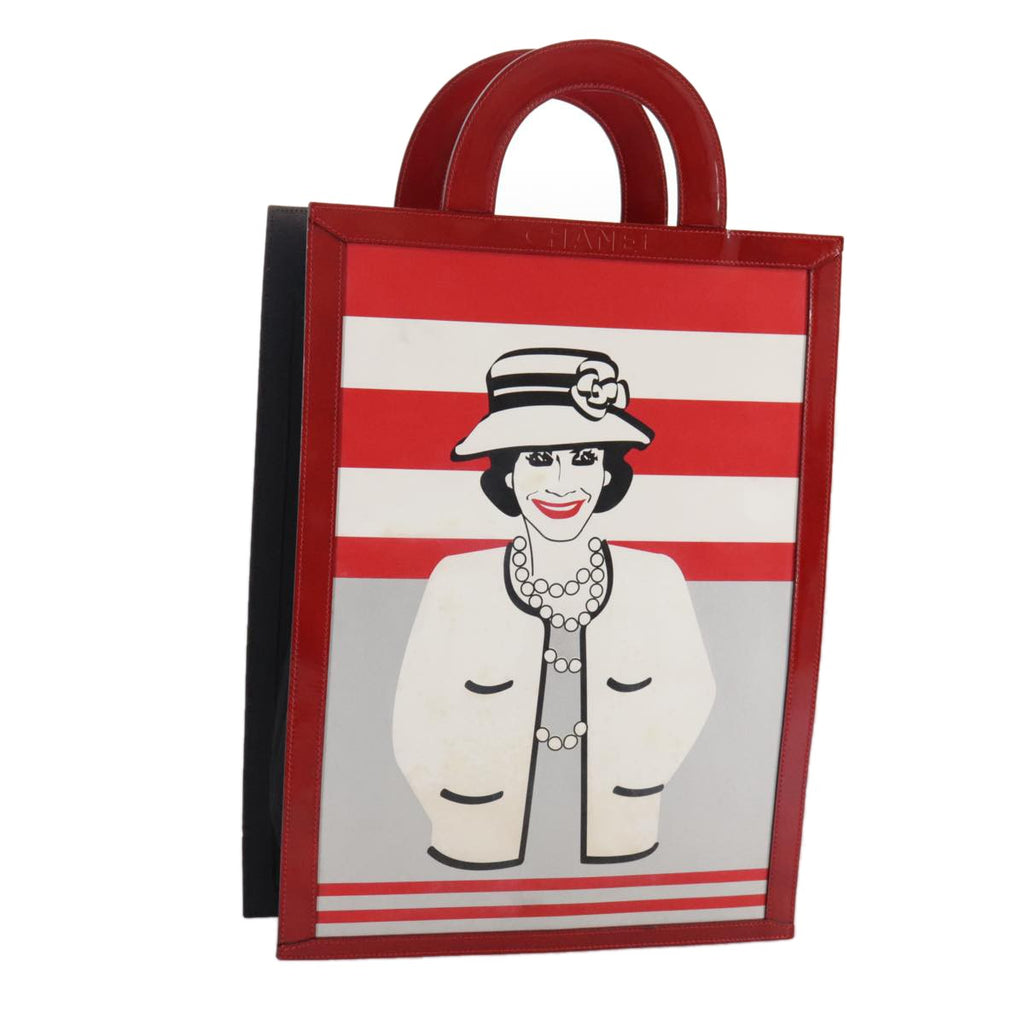 Chanel Vintage Portrait Tote Printed Leather And Quilted Patent Red Leather Tote Bag Bag