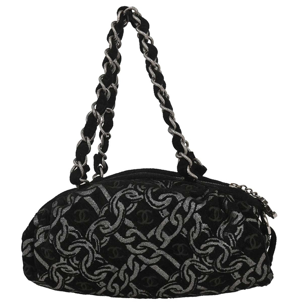 Chanel Vintage Zip Bowler Bag Printed Jacquard Black Cotton Shoulder Bag Bag