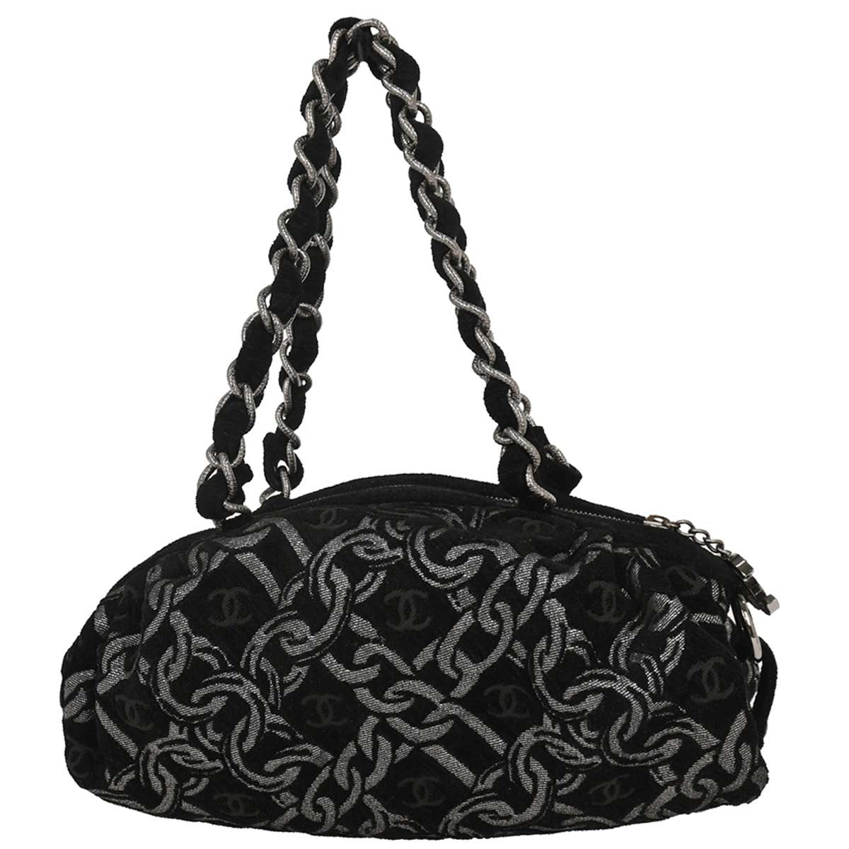 Chanel Vintage Zip Bowler Bag Printed Jacquard Black Cotton Shoulder Bag Bag