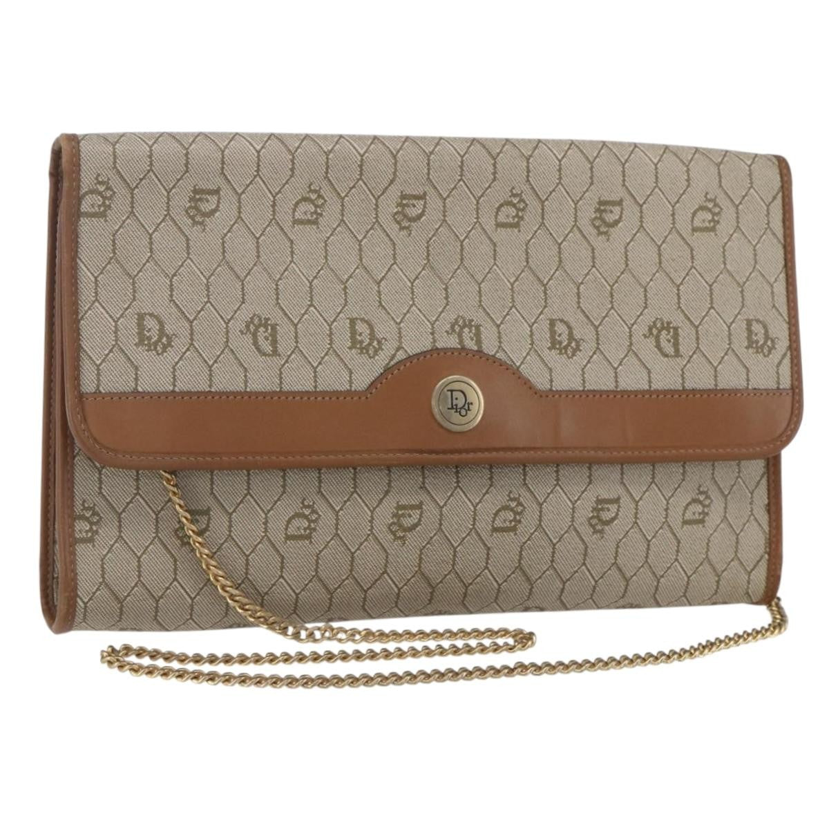 Christian Dior Vintage Honeycomb Chain Canvas Beige Canvas Shoulder Bag Bag (Pre-Owned)