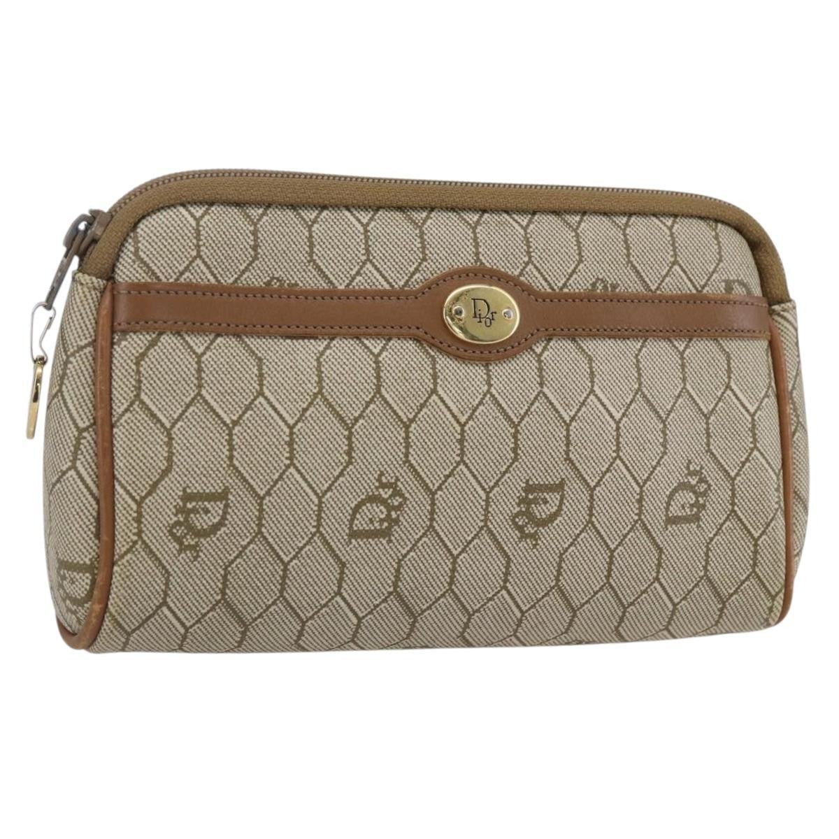 Christian Dior Vintage Honeycomb Zip Pouch Canvas And Leather Beige Canvas Clutche & Pouche Bag (Pre-Owned)