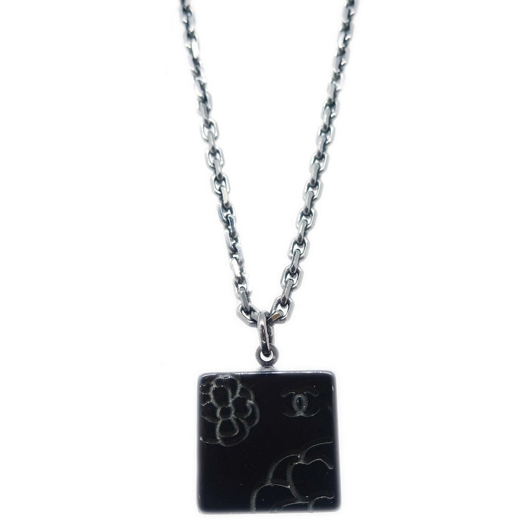 Chanel Square Cc Pendant Resin Black Plastic Necklace Jewelry