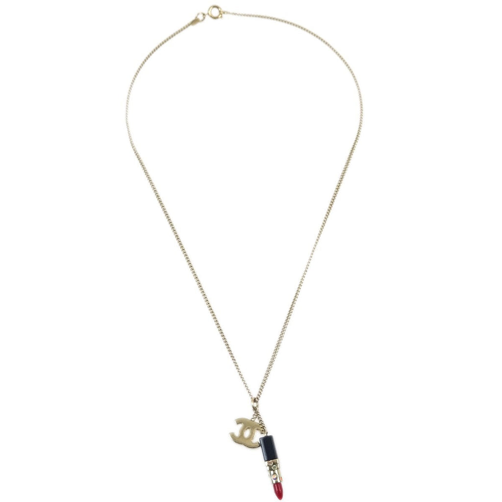 Chanel Cc Lipstick Charm Pendant Necklace Metal With Resin And Crystals Gold Metal Necklace Jewelry