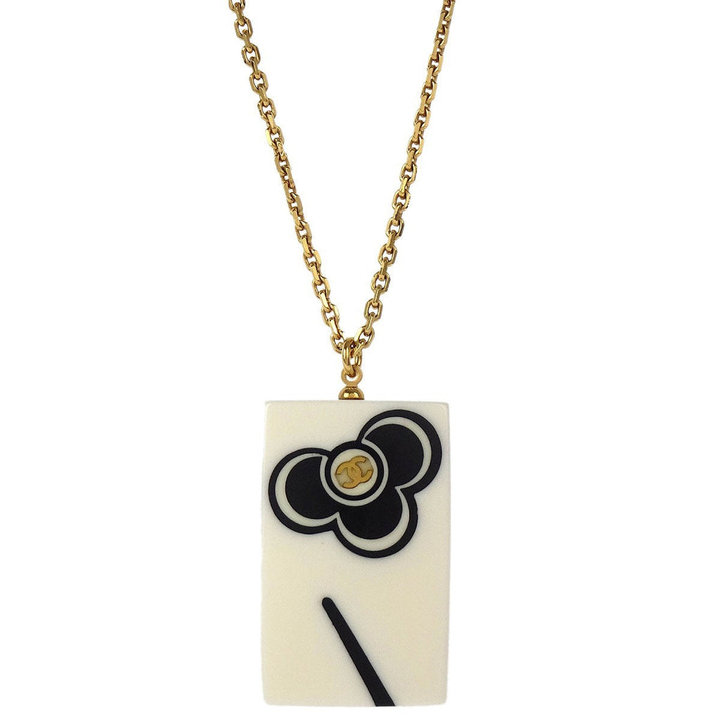 Chanel Vintage Cc Rectangular Pendant Necklace Metal And Resin Gold Gold_Plated Necklace Jewelry
