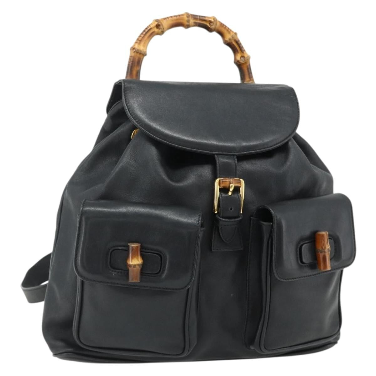 Gucci Vintage Bamboo Backpack Leather Black Leather Backpack Bag (Pre-Owned)