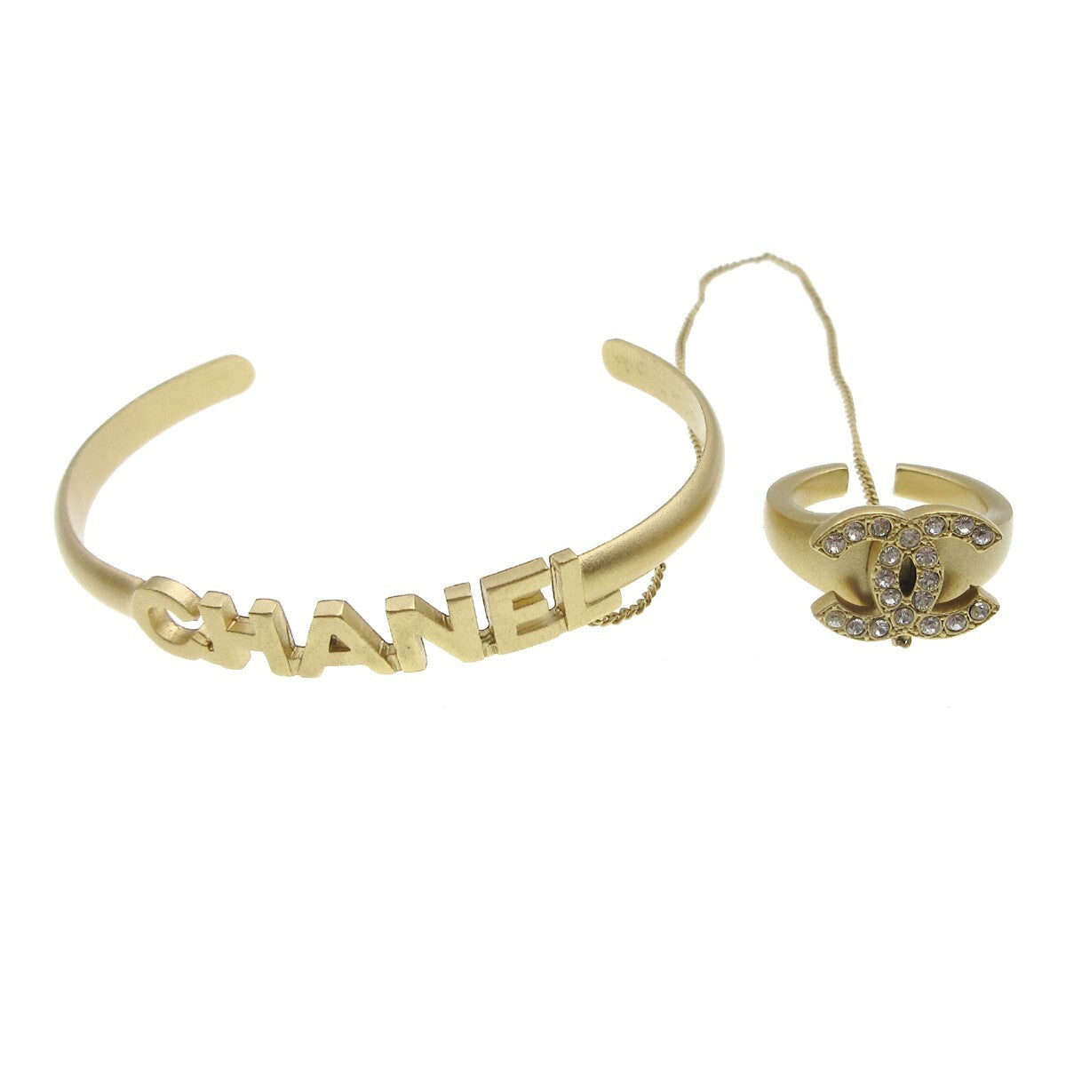 Chanel Logo Bangle With Chain Attached Cc Ring Metal With Crystal Gold Gold_Plated Bracelet Jewelry
