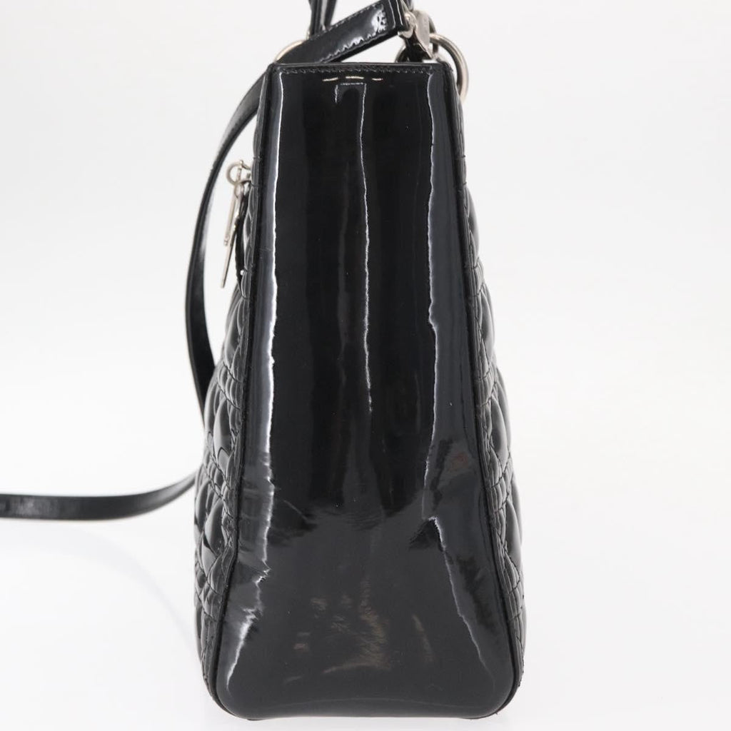 Christian Dior Lady Dior Bag Cannage Quilt Patent Black Patent_Leather Handbag (Pre-Owned)