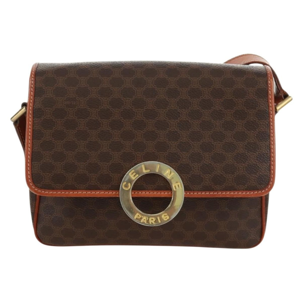 Celine Vintage Macadam Circle Logo Shoulder Bag Canvas And Leather Brown Canvas Shoulder Bag Bag