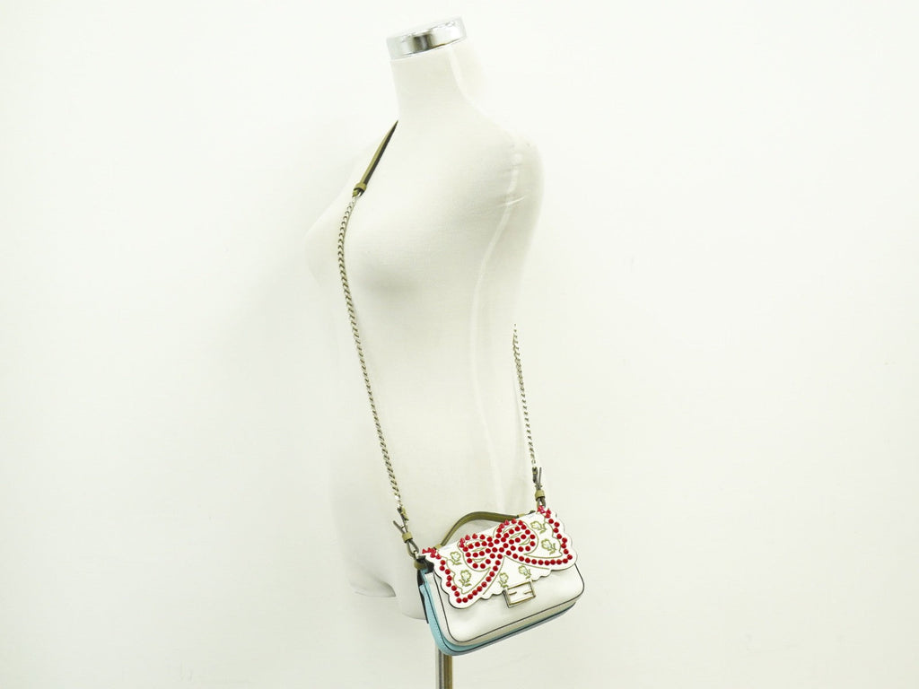 Fendi Double Baguette Embroidered Studded Leather White Leather Shoulder Bag Bag