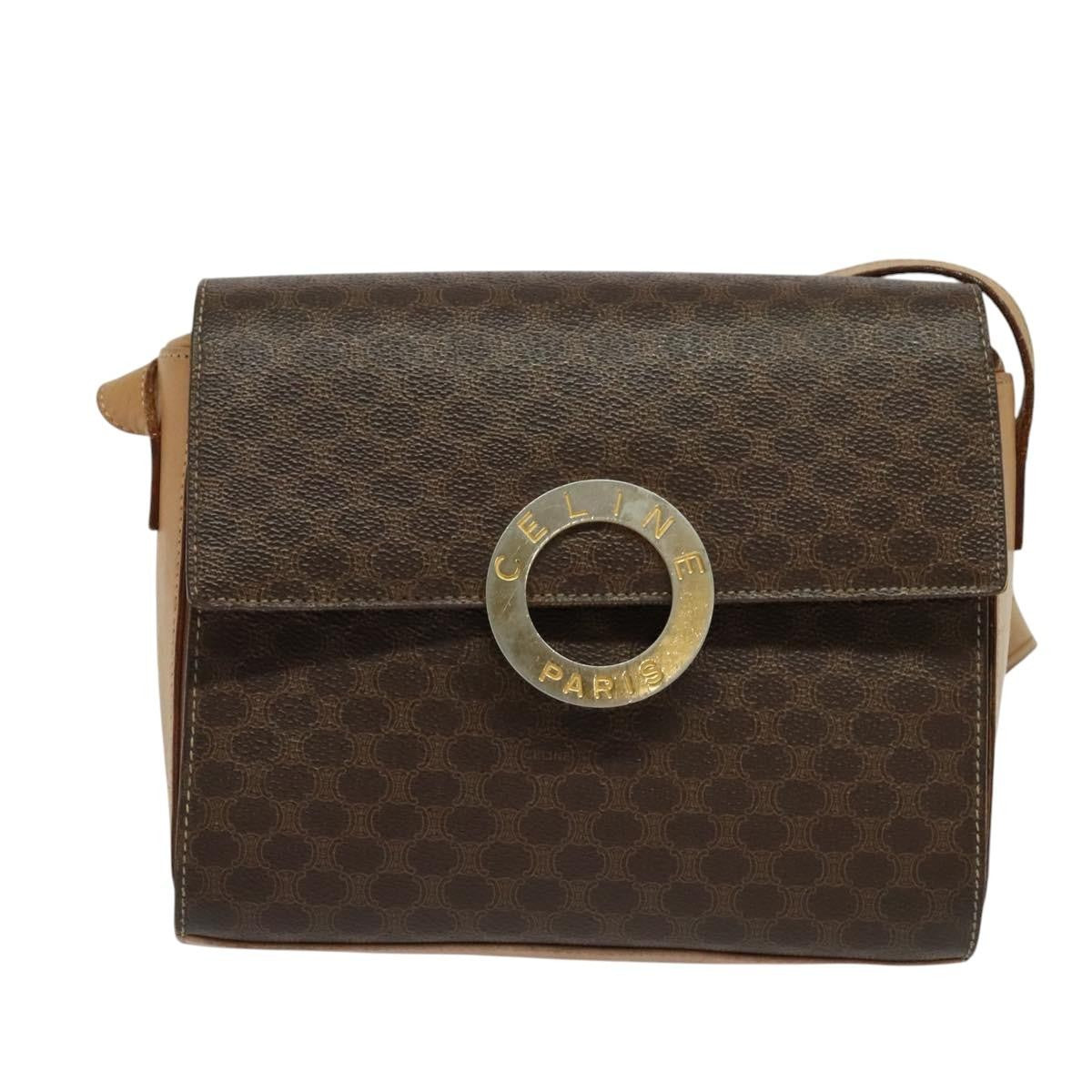 Celine Vintage Macadam Circle Logo Shoulder Bag Canvas And Leather Brown Canvas Shoulder Bag Bag