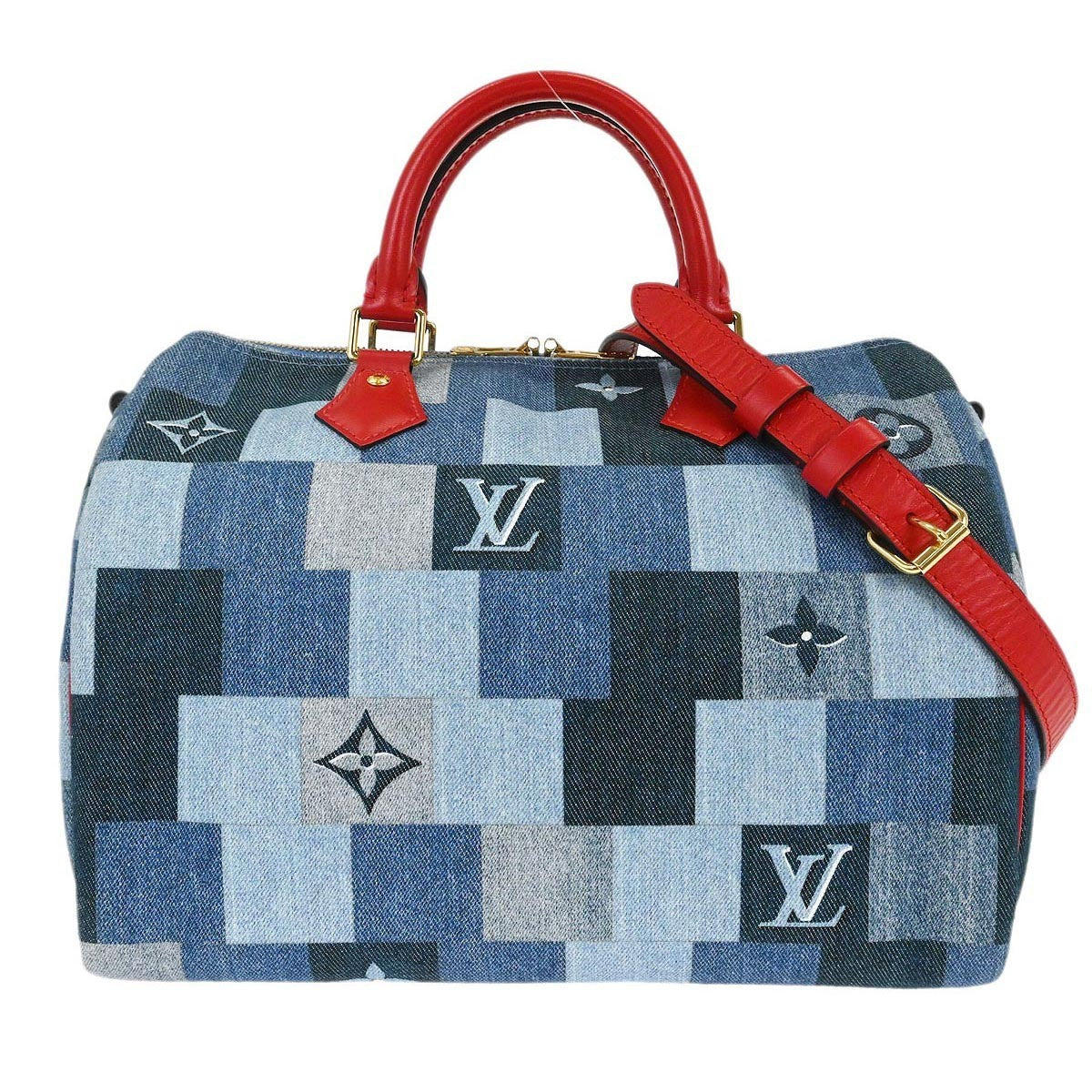 Louis Vuitton Speedy Bandouliere Bag Damier And Monogram Patchwork Denim Blue Denim_Jeans Handbag