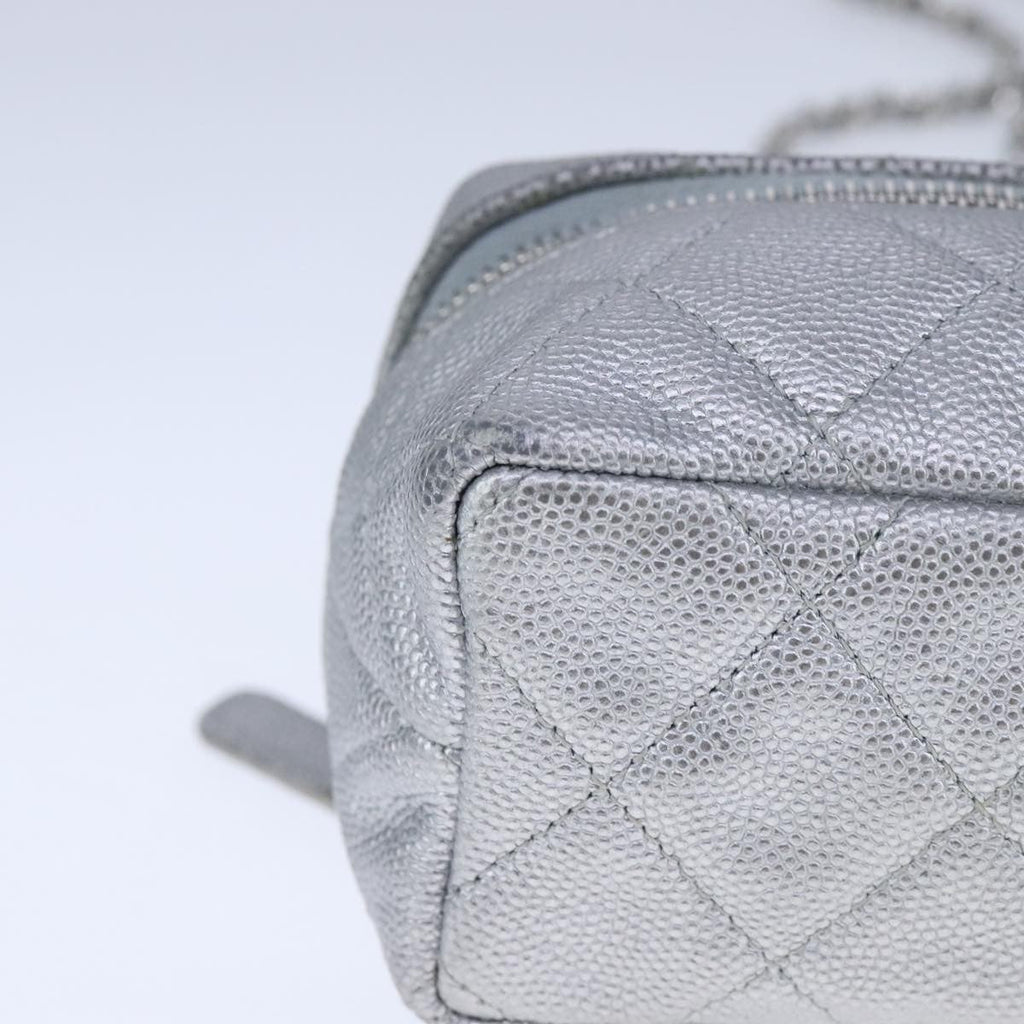 Chanel Classic Vanity Case With Chain Quilted Caviar Silver Leather Shoulder Bag Bag