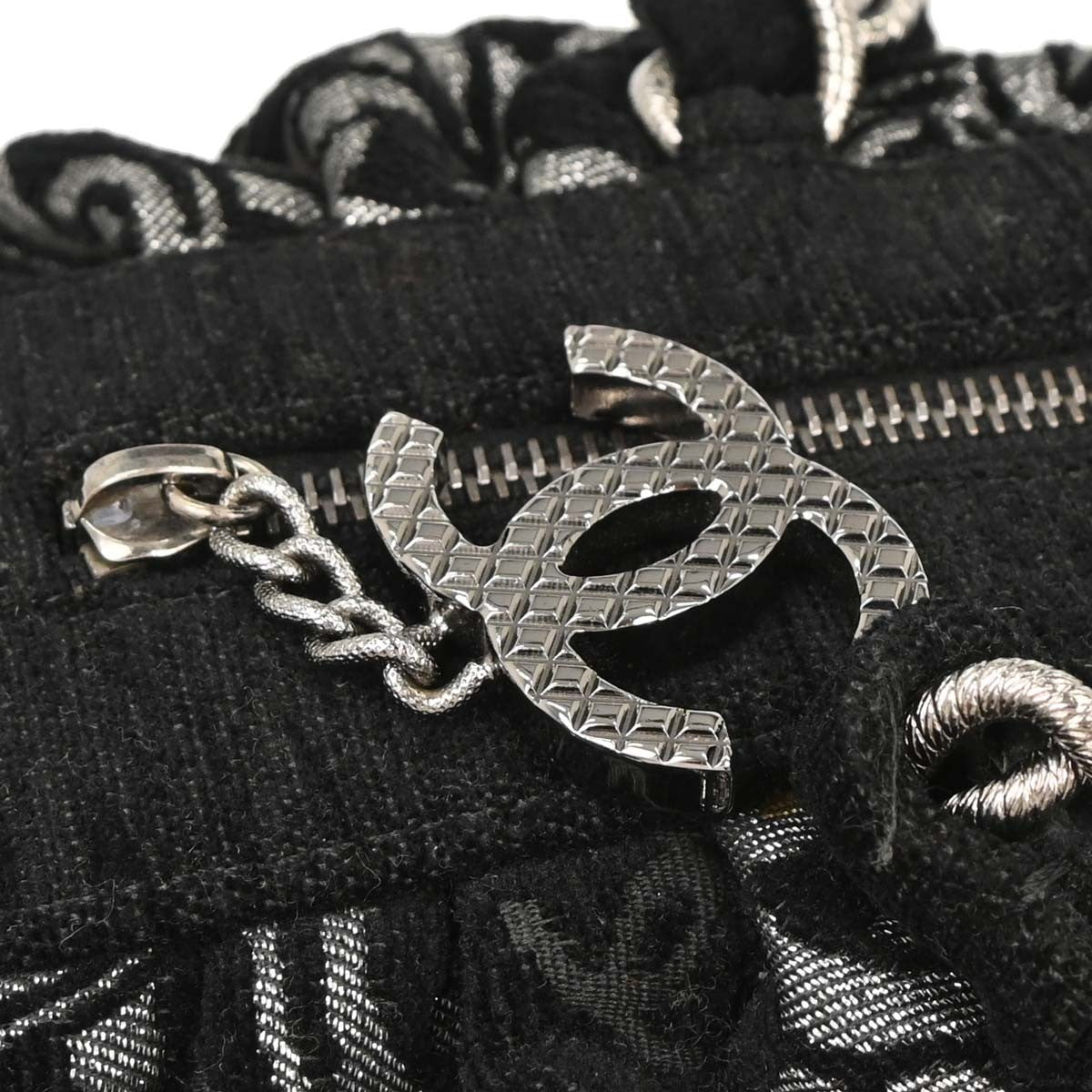 Chanel Vintage Zip Bowler Bag Printed Jacquard Black Cotton Shoulder Bag Bag