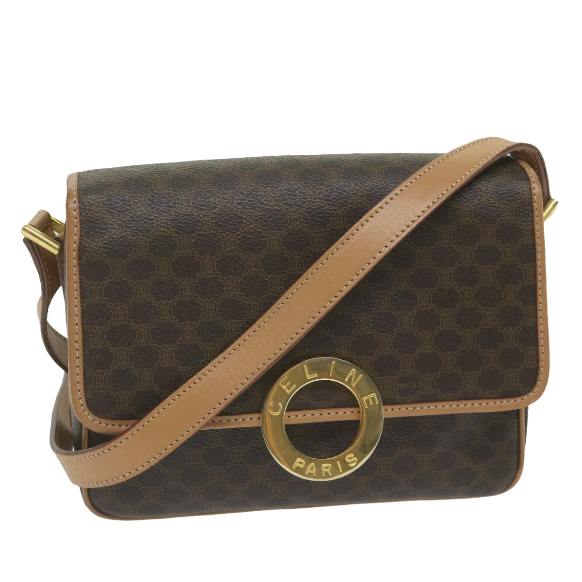 Celine Vintage Macadam Circle Logo Shoulder Bag Canvas And Leather Brown Canvas Shoulder Bag Bag