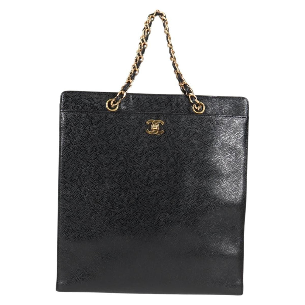 Chanel Vintage Cc Lock Pocket Chain Tote Caviar Black Leather Tote Bag Bag