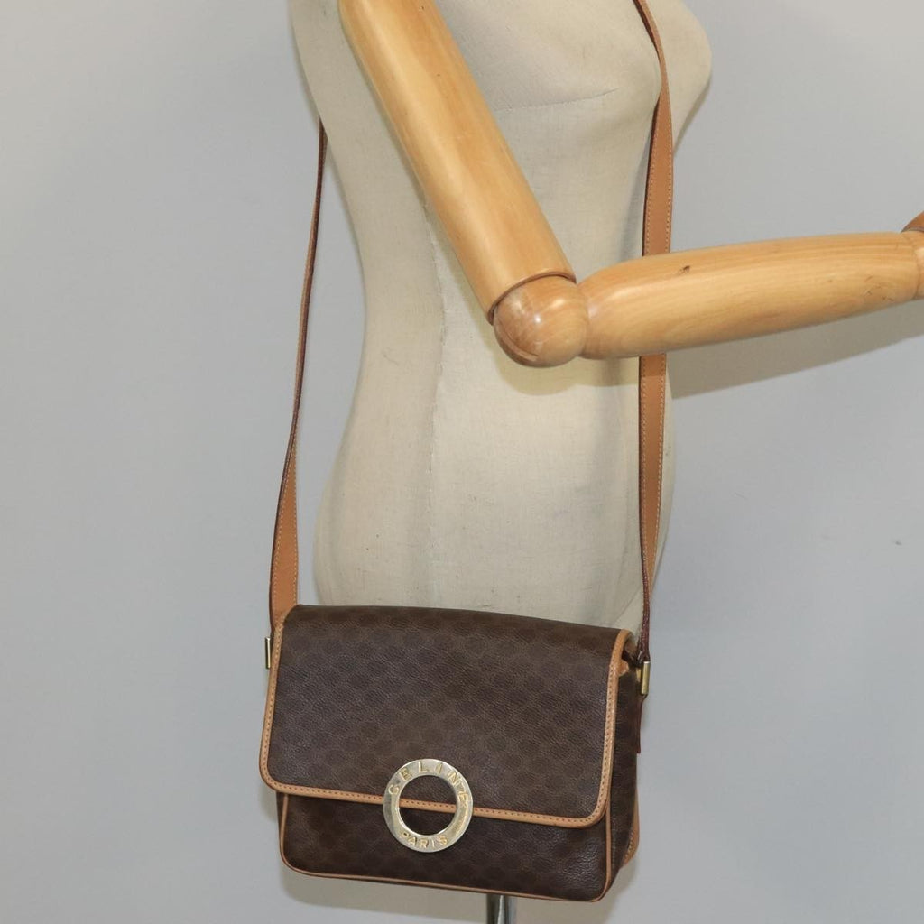 Celine Vintage Macadam Circle Logo Shoulder Bag Canvas And Leather Brown Canvas Shoulder Bag Bag