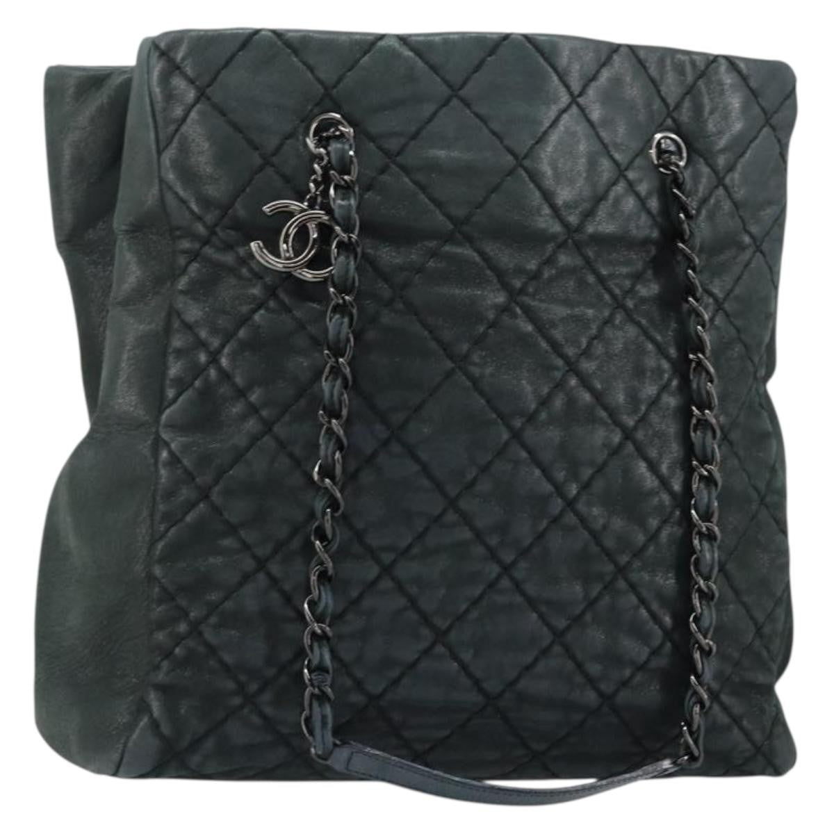 Chanel Cc Charm Tote Quilted Iridescent Calfskin Green Leather Tote Bag Bag