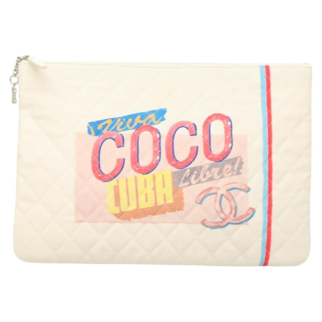 Chanel Coco Cuba Pouch Printed Quilted Canvas White Canvas Bag