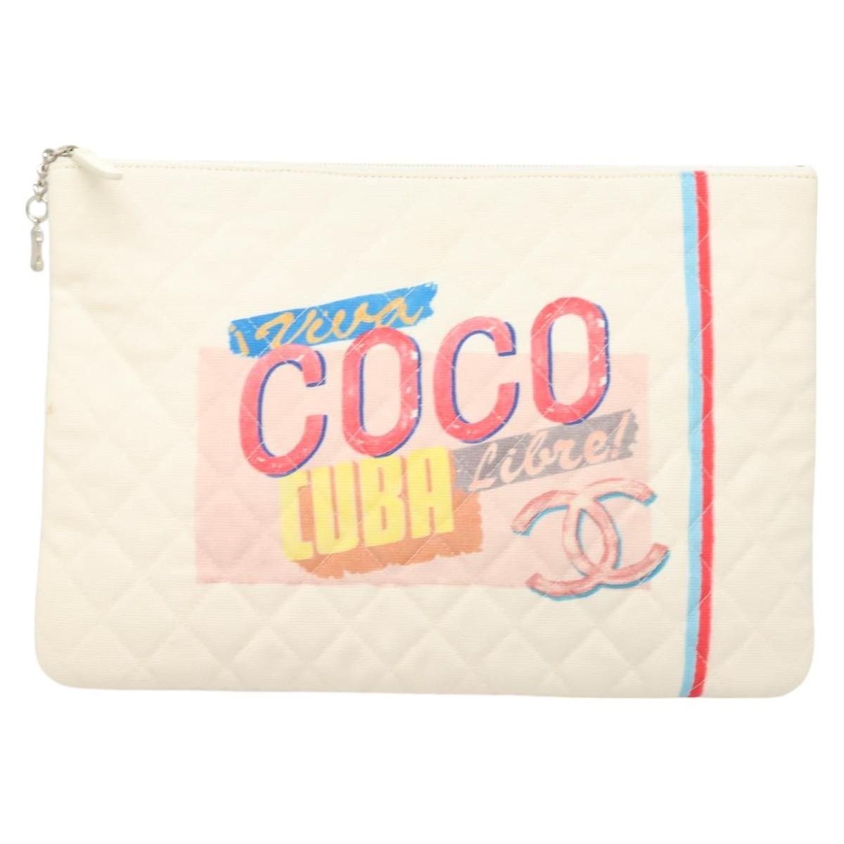 Chanel Coco Cuba Pouch Printed Quilted Canvas White Canvas Bag