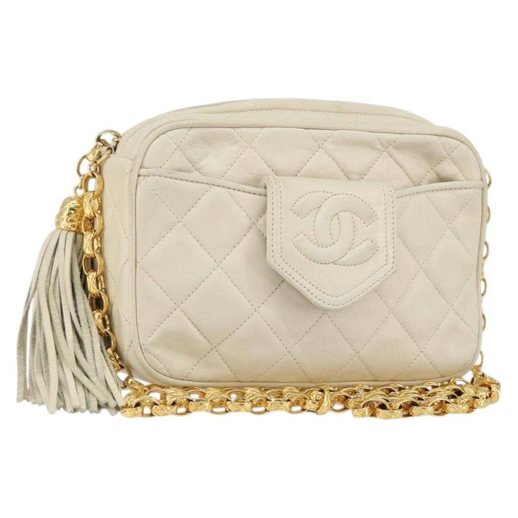 Chanel Vintage Front Pocket Camera Bag Quilted Lambskin Beige Leather Shoulder Bag Bag