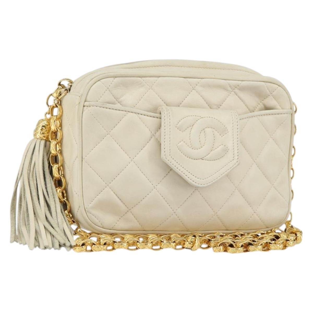 Chanel Vintage Front Pocket Camera Bag Quilted Lambskin Beige Leather Shoulder Bag Bag