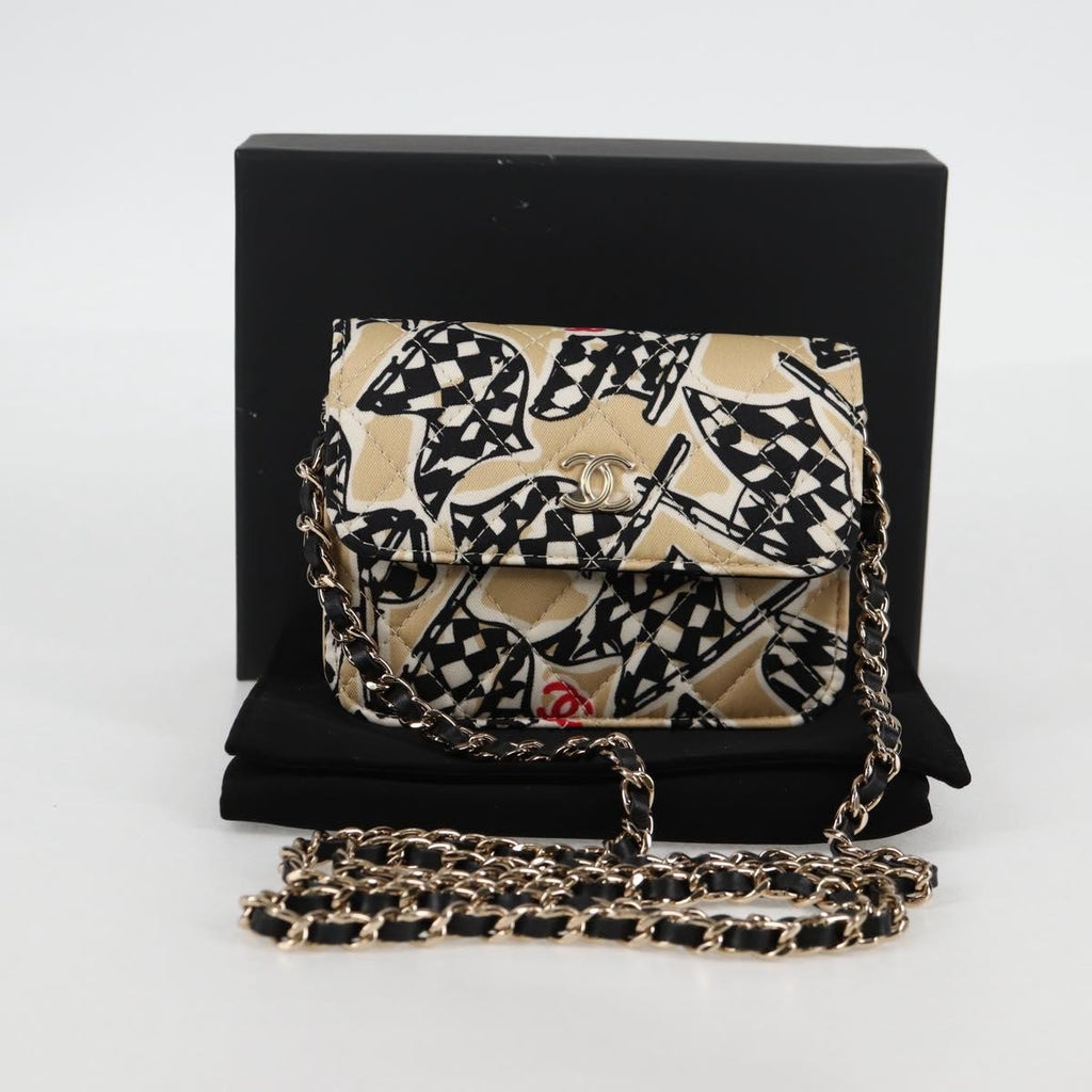 Chanel Flap Card Holder On Chain Quilted Printed Canvas Beige Nylon Shoulder Bag Bag