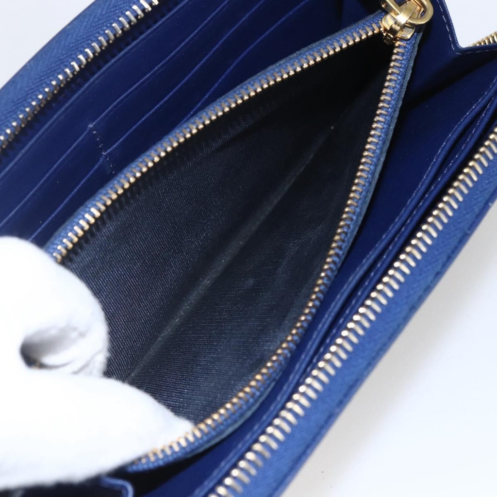 Prada Zip Around Organizer Wallet Saffiano Leather With Applique Blue Leather Wallets Accessory